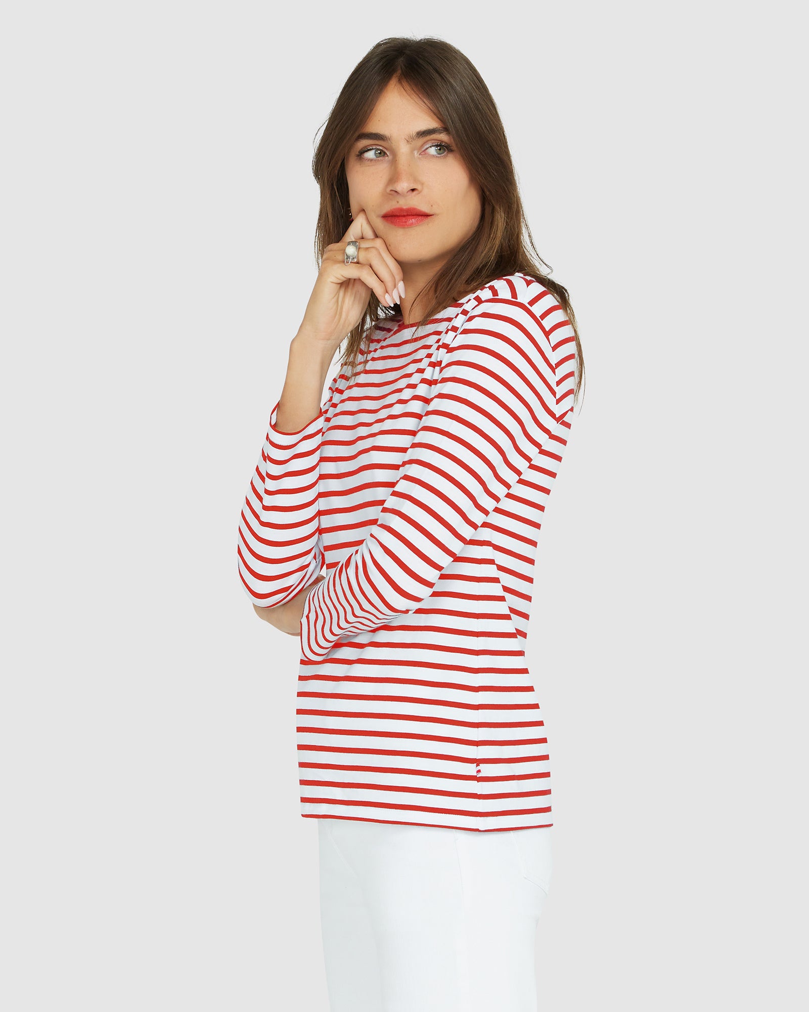 French Breton Boat Neck Top- White Base Red Stripe