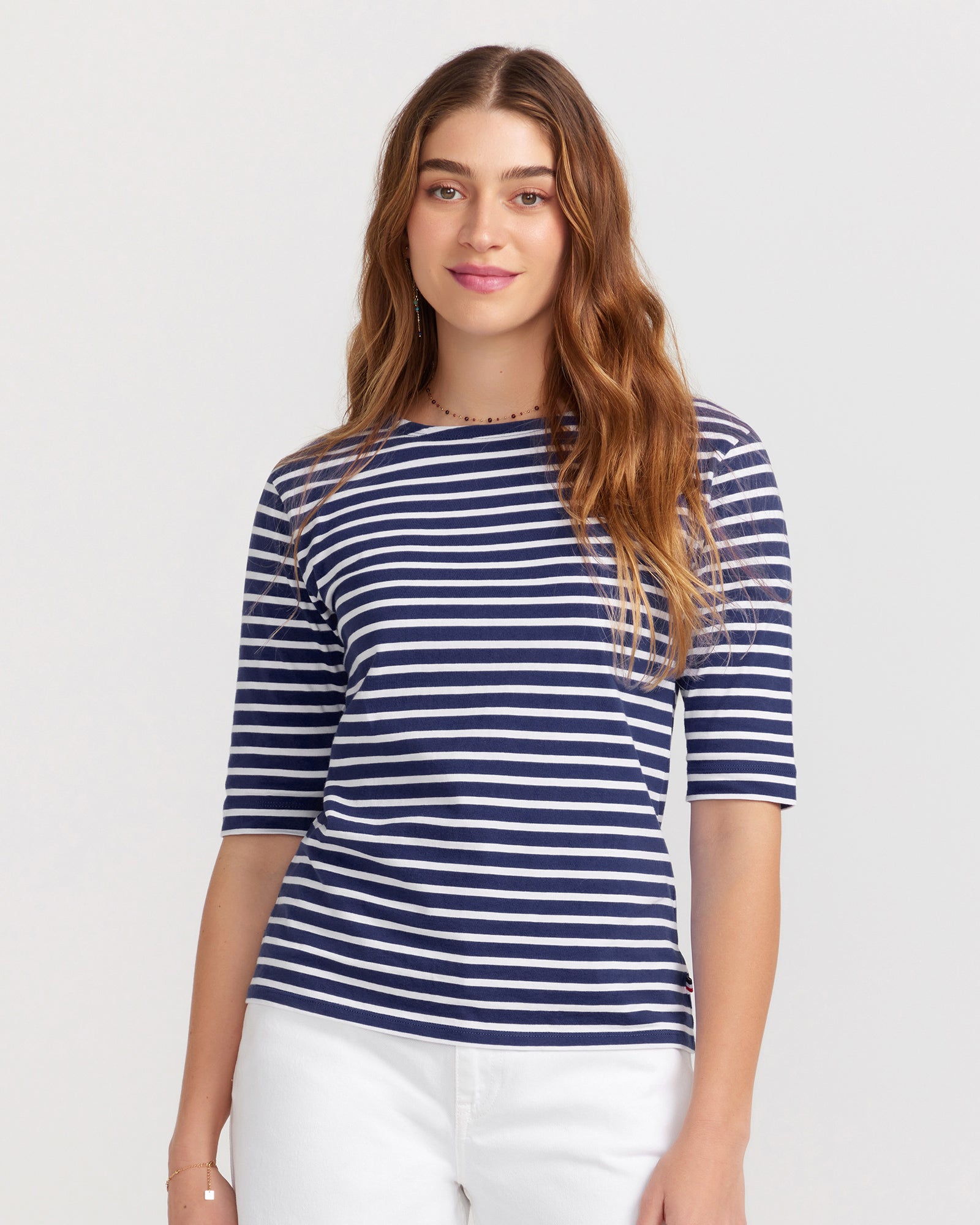 La Bouvier Navy Base White Stripe French Tee - Boat Neck neck