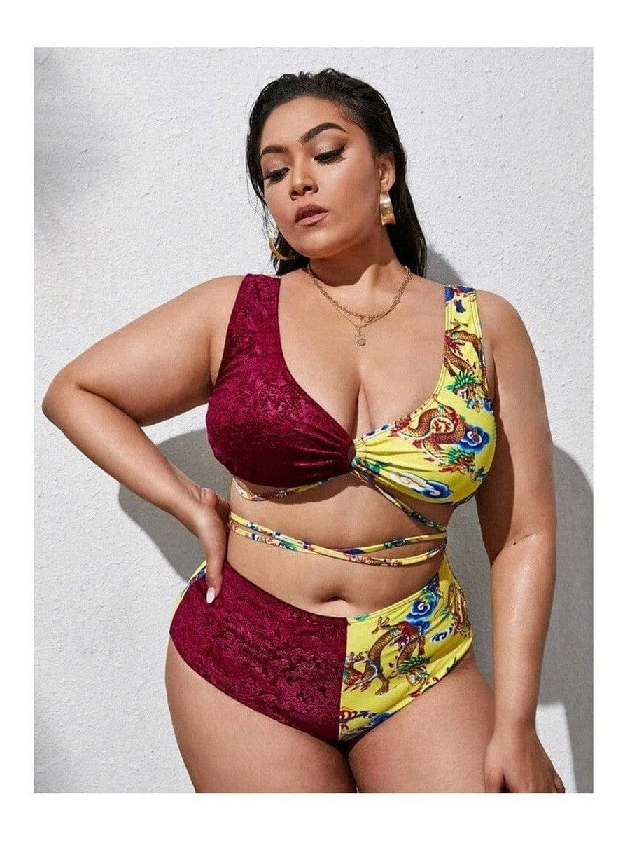 Plus Size Chinese Dragon Print Bikini Set