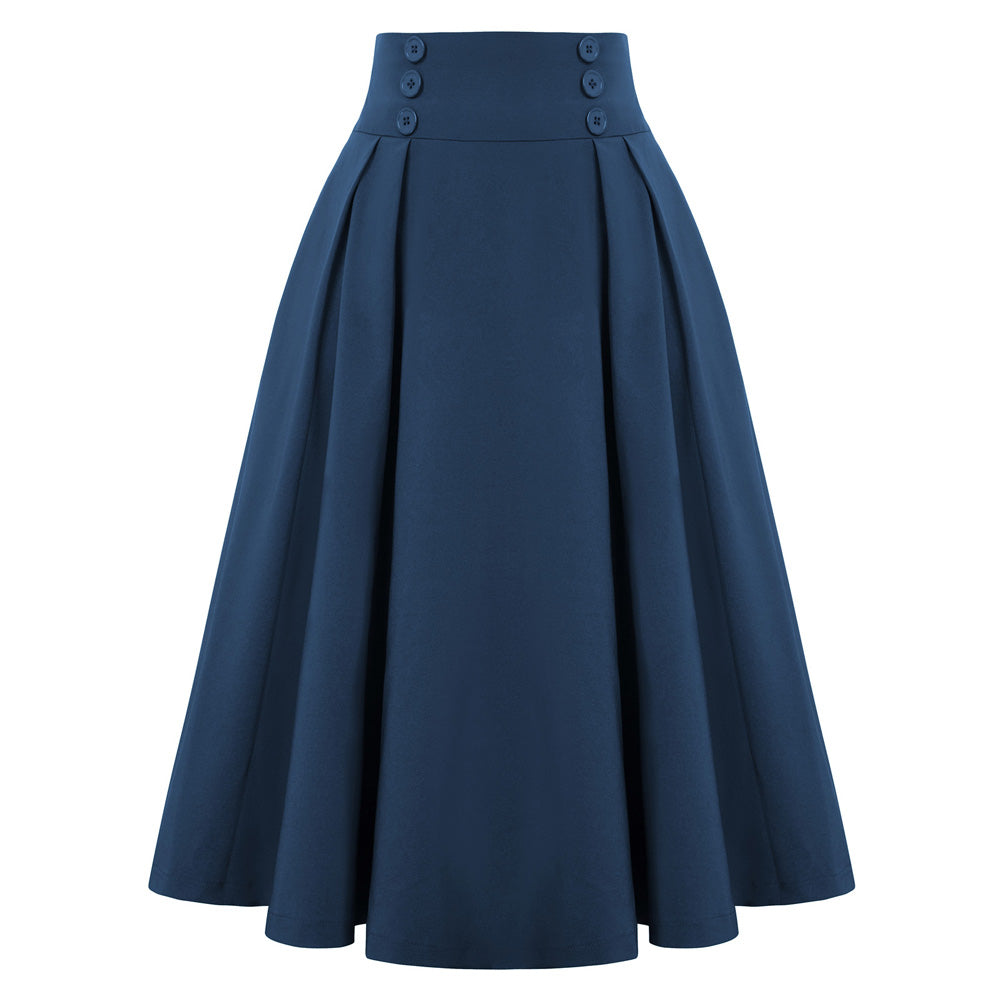 Pleated Buttons Decorated Elastic Waist High Waist Swing A-Line Skirt with Pocket