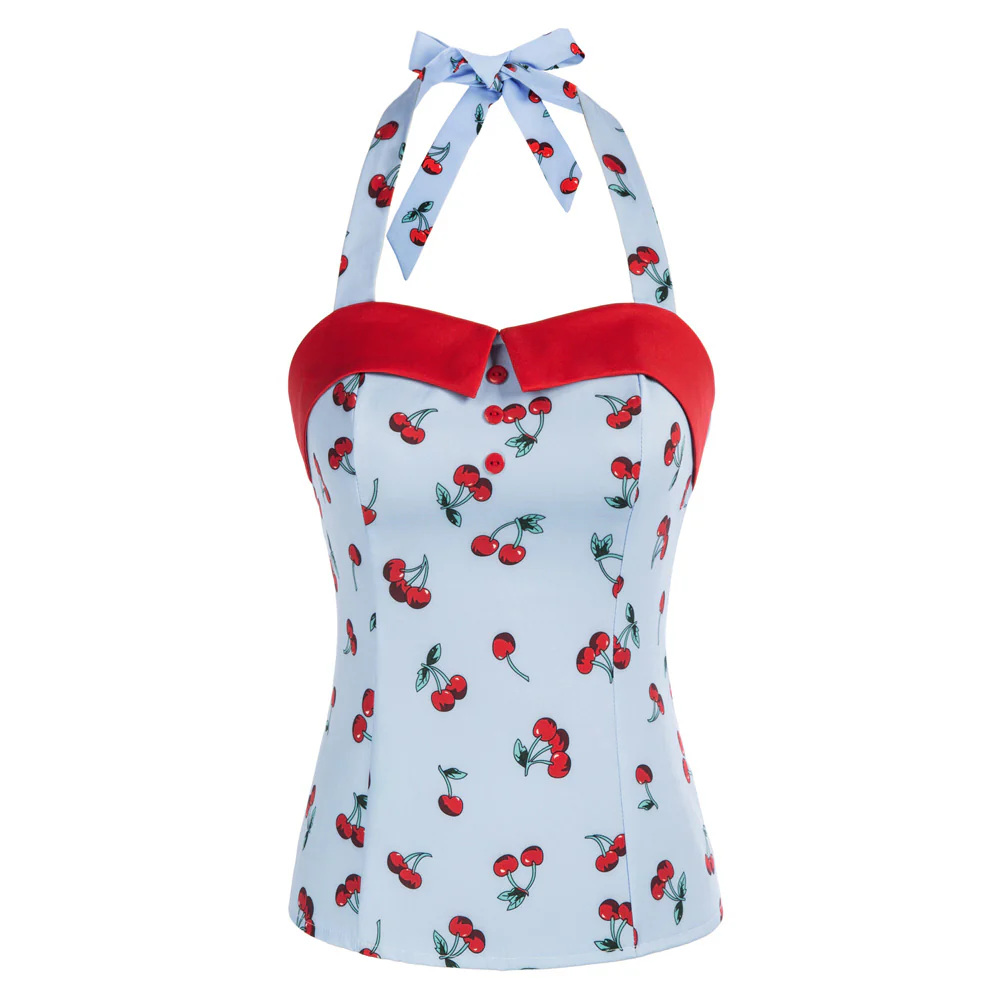 Women's Cherries Pattern Sleeveless Adjustable Strappy Tank Top 1950s Pin Up Style