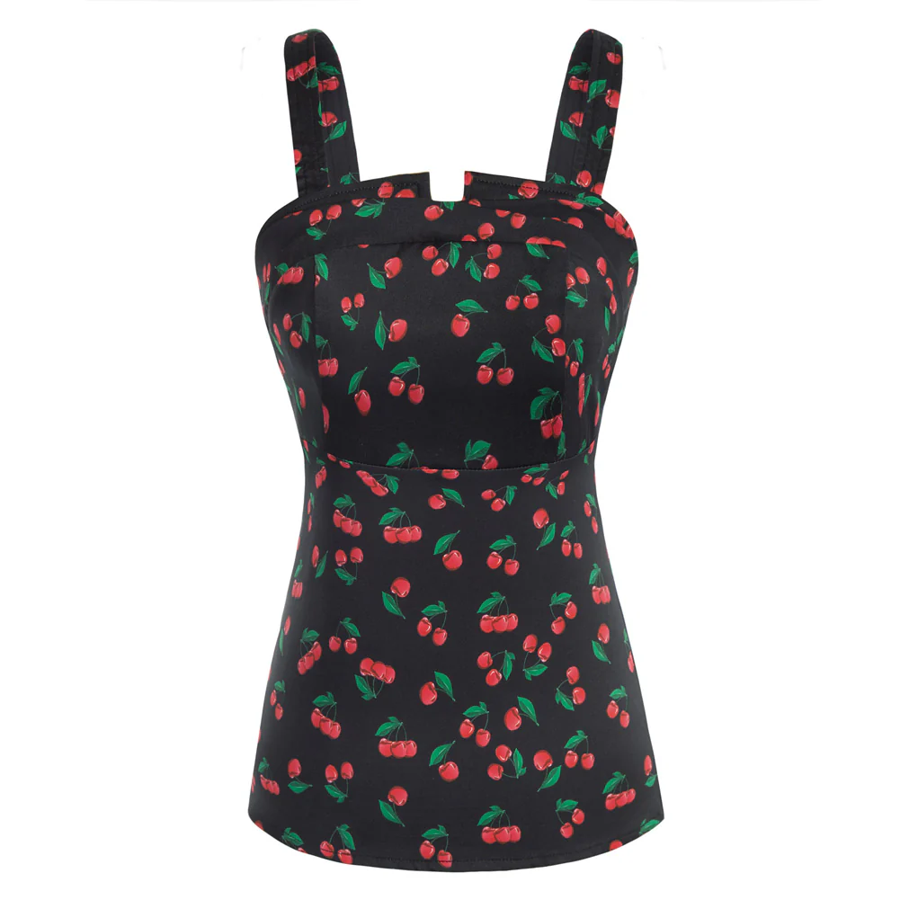 Vintage Cherries Print Tops Wide Straps Smocked Back Slim Fit Tank Top