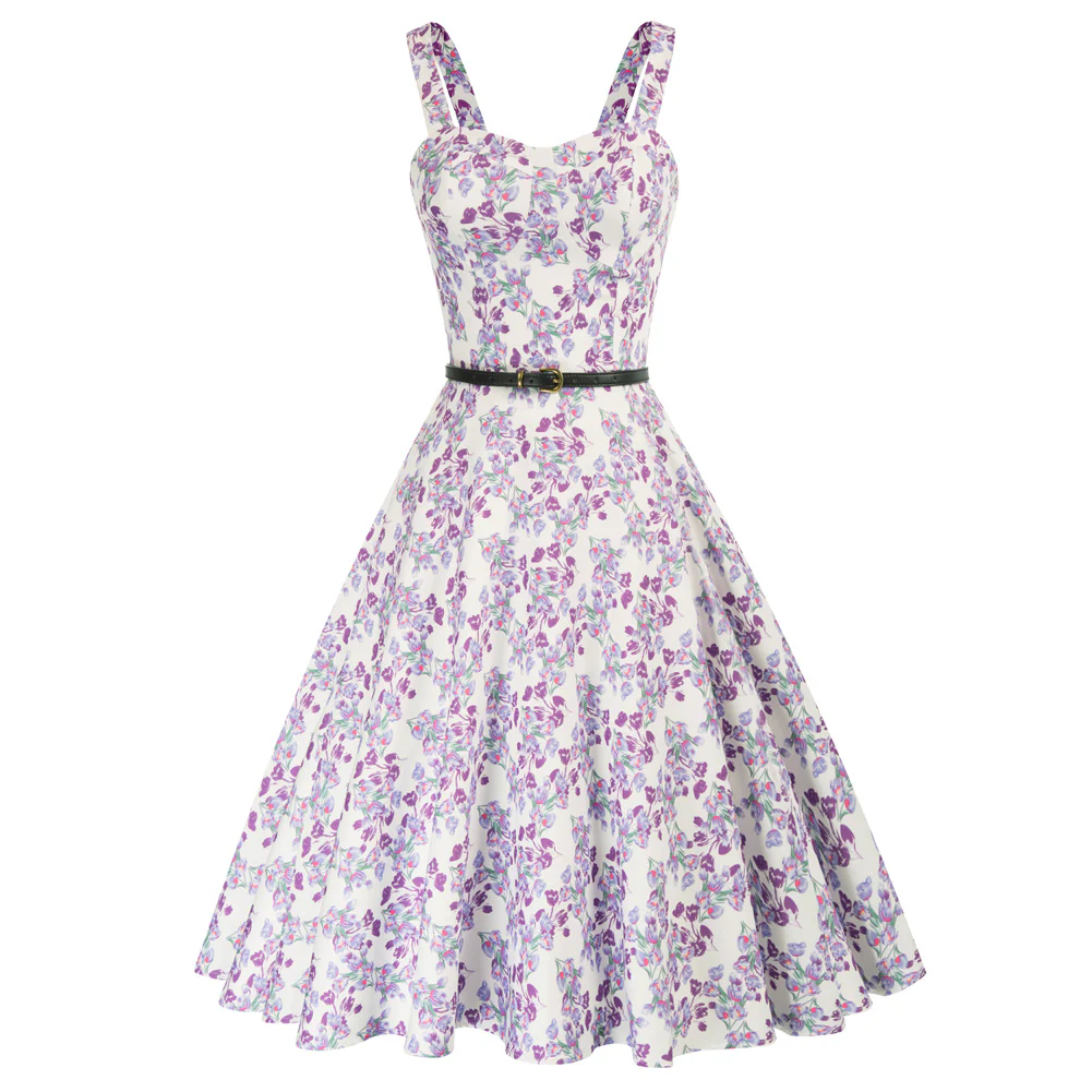 Floral Print Sweetheart Neck Flared A-Line Dress with Belt