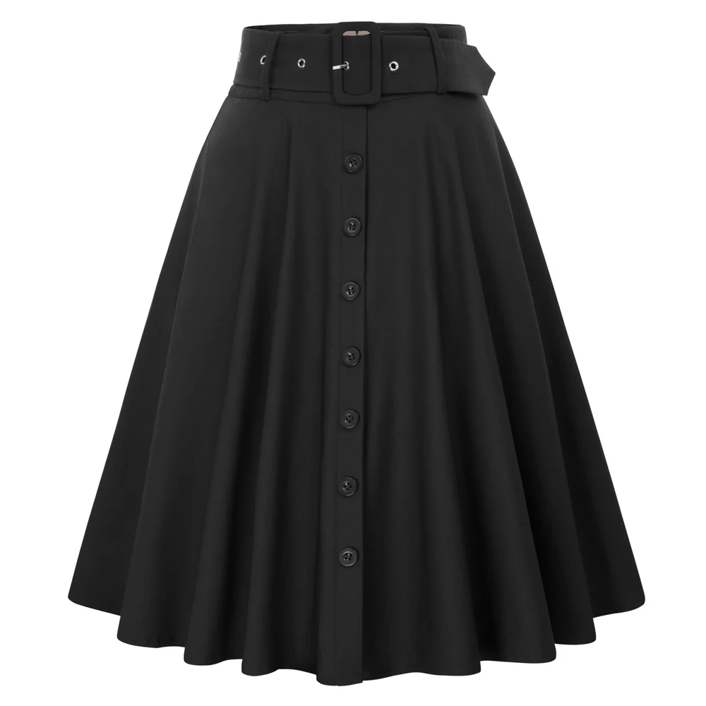 Vintage Stretch High Waist A-Line Flared Midi Skirts with Pockets & Belts