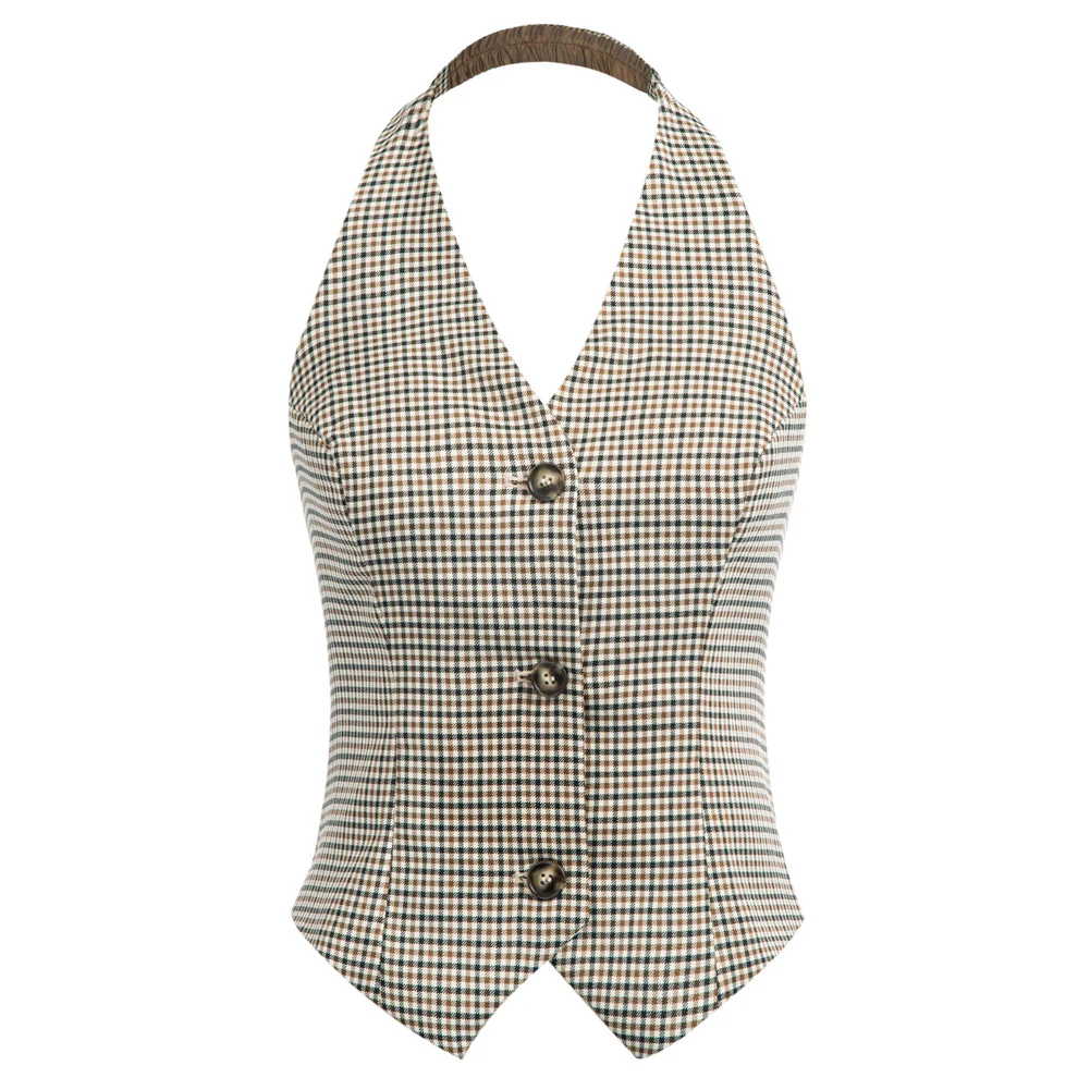 Houndstooth V-Neck Single Breasted Handkerchief Hem Halter Backless Vest