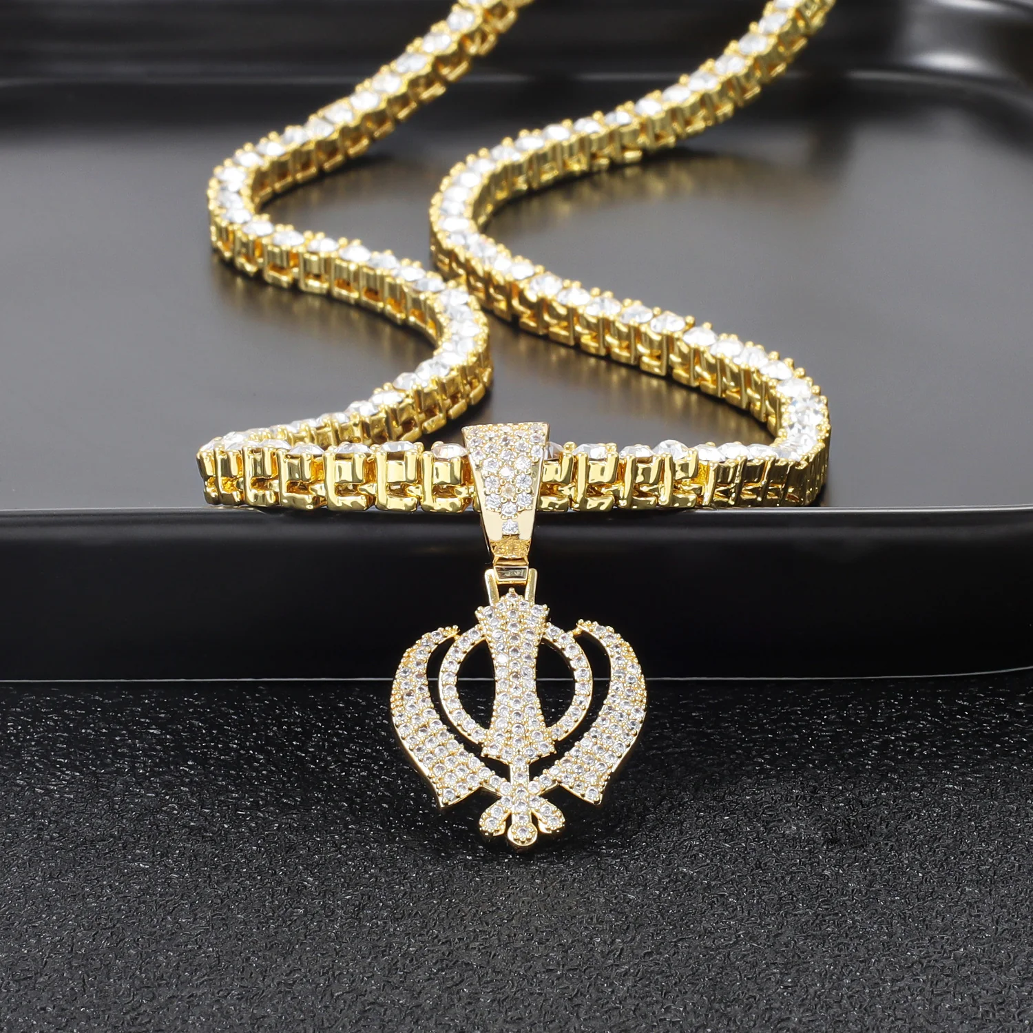 Khanda Pendant Tennis Chain Necklace