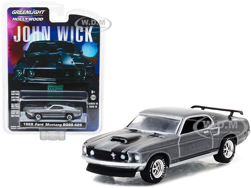 1969 Ford Mustang Boss 429 Gray Metallic with Black Stripes "John Wick" (2014) Movie "Hollywood Series" Release 18 1/64 Diecast Model Car by Greenlight