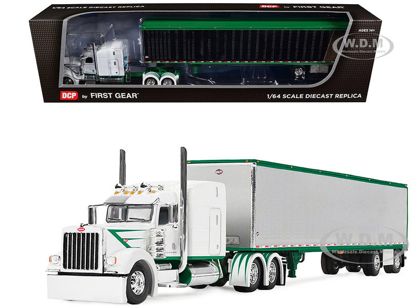 Peterbilt 389 with 63" Mid-Roof Sleeper and 53' Utility Trailer White with Green Stripes 1/64 Diecast Model by DCP/First Gear