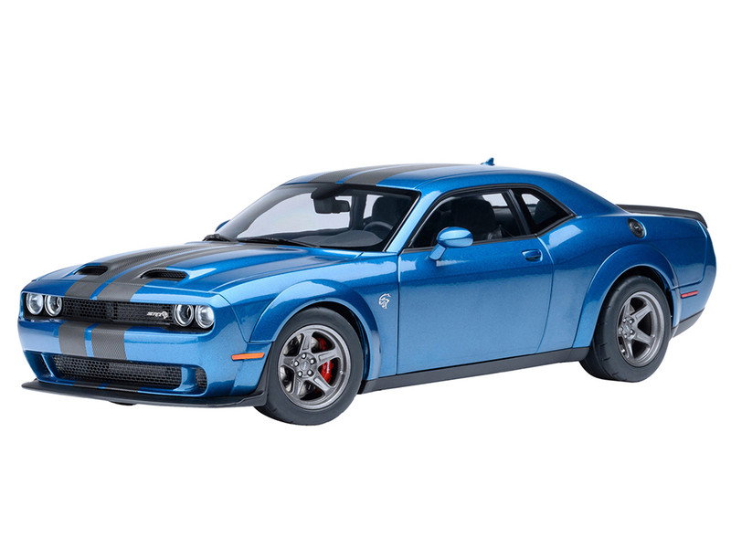 2023 Dodge Challenger SRT Super Stock Frostbite Blue Metallic with Carbon Stripes 1/18 Model Car by Autoart