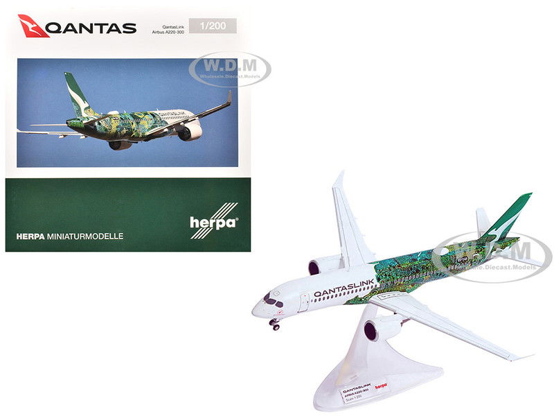 Airbus A220-300 Commercial Aircraft "QantasLink Flying Art Series - Minyma Kutjara Tjukurpa" (VH-X4A) White with Green Graphics 1/200 Diecast Model Airplane by Herpa