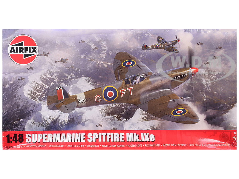 Level 2 Model Kit Supermarine Spitfire Mk.IXe Fighter Aircraft with 3 Scheme Options 1/48 Plastic Model Kit by Airfix