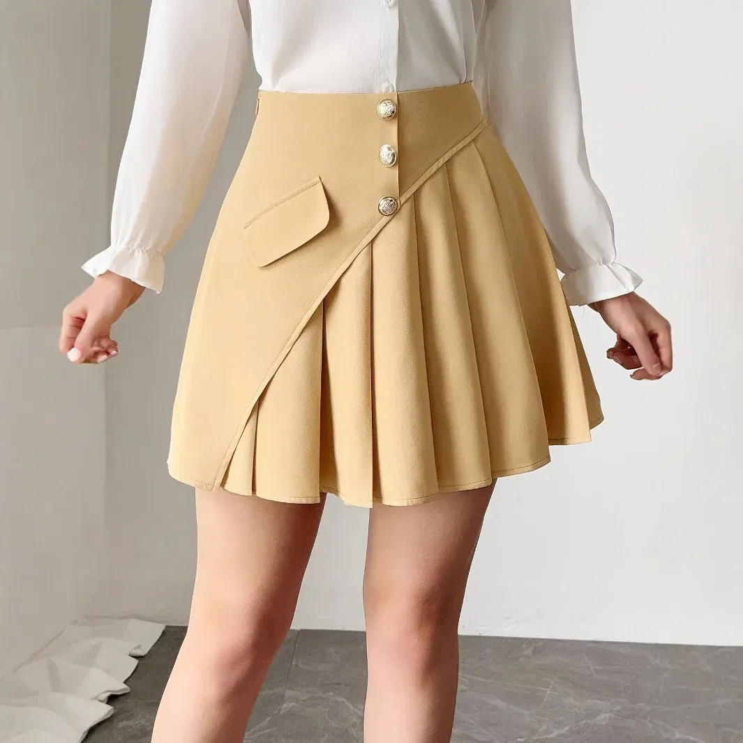 Solid Color Pleated Front Button Design, Women's Temperament Commuting