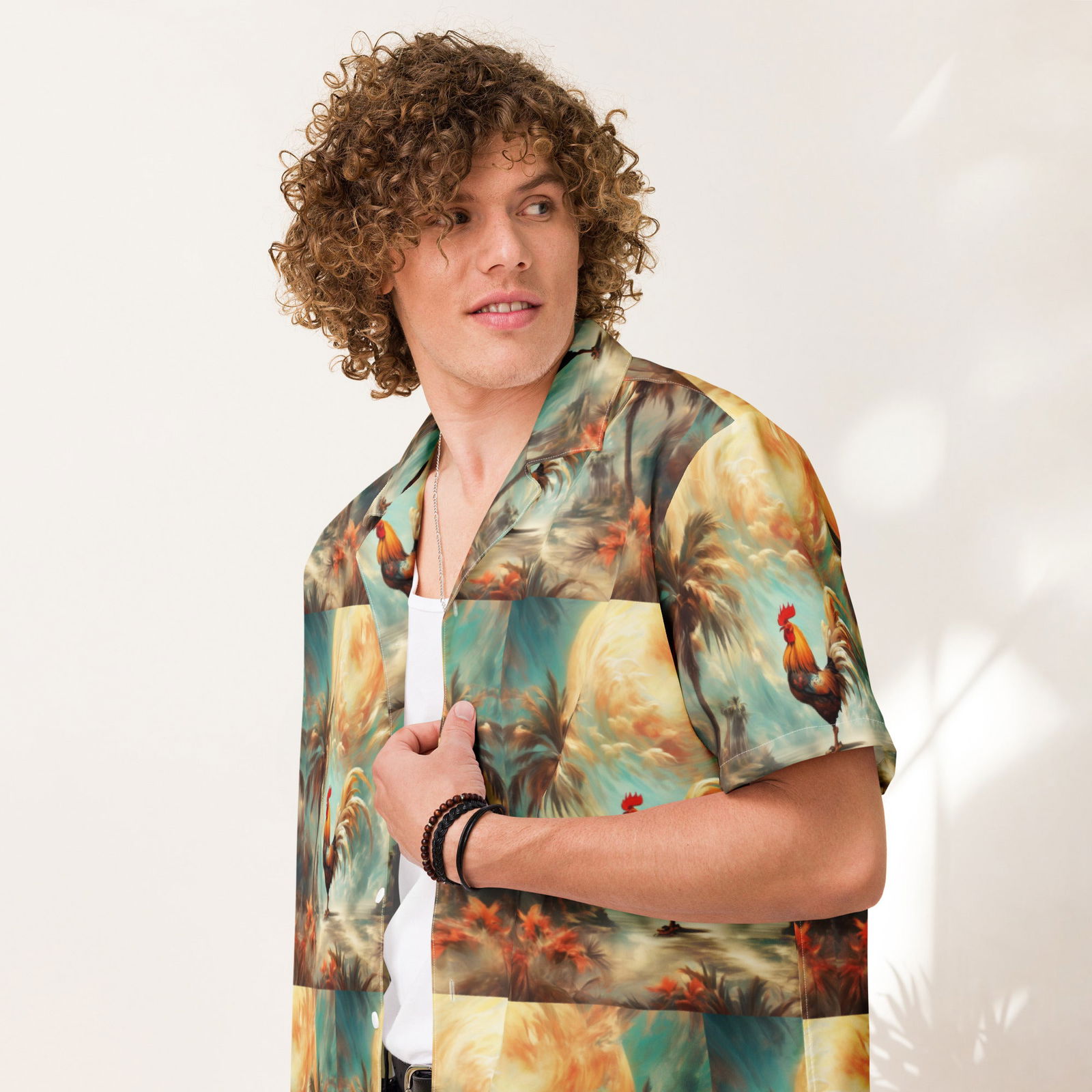 A Rooster and Palms Unisex button shirt by Gregg Acini Adoree Designs