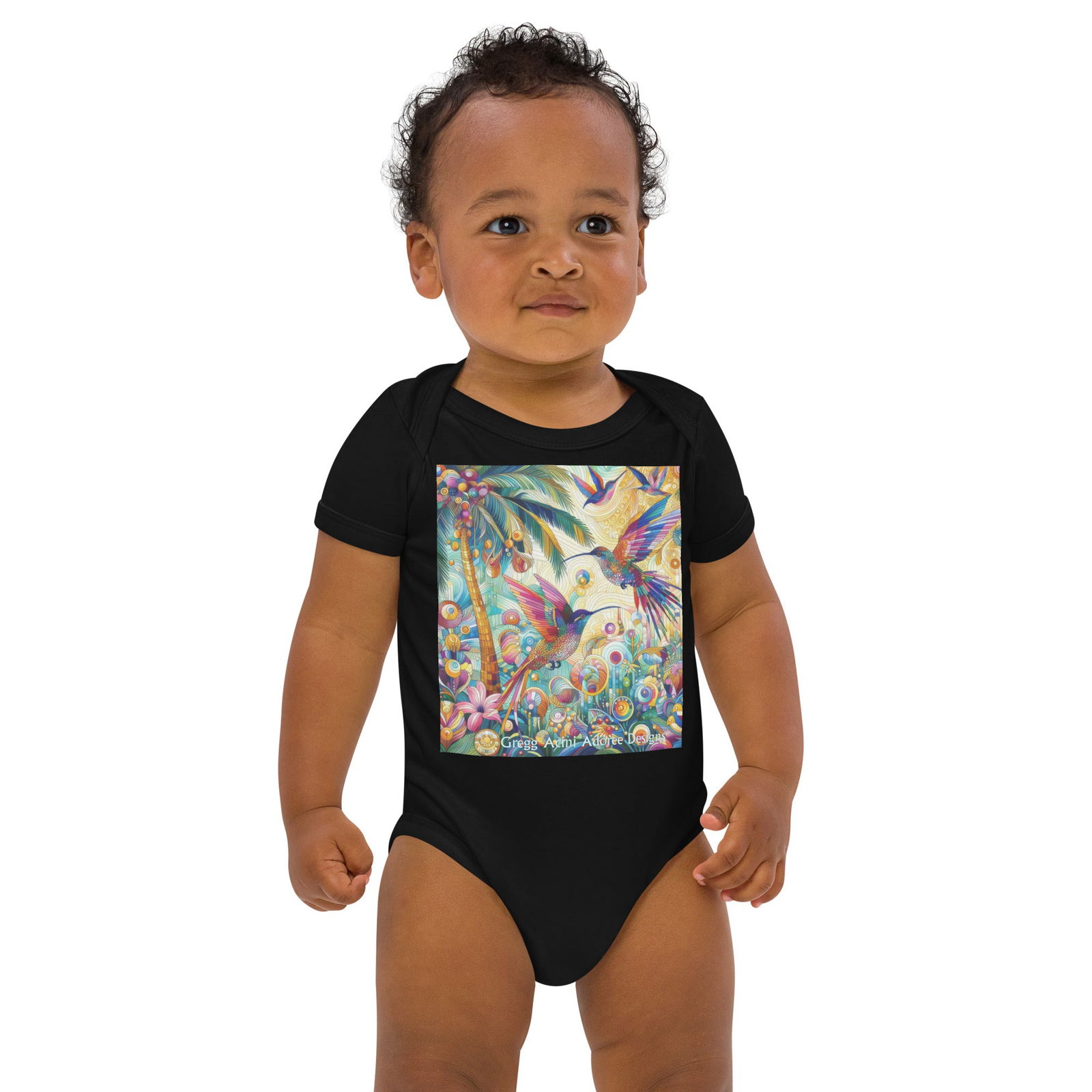 Tropical Hummingbirds Organic cotton baby bodysuit by Gregg Acini Ador