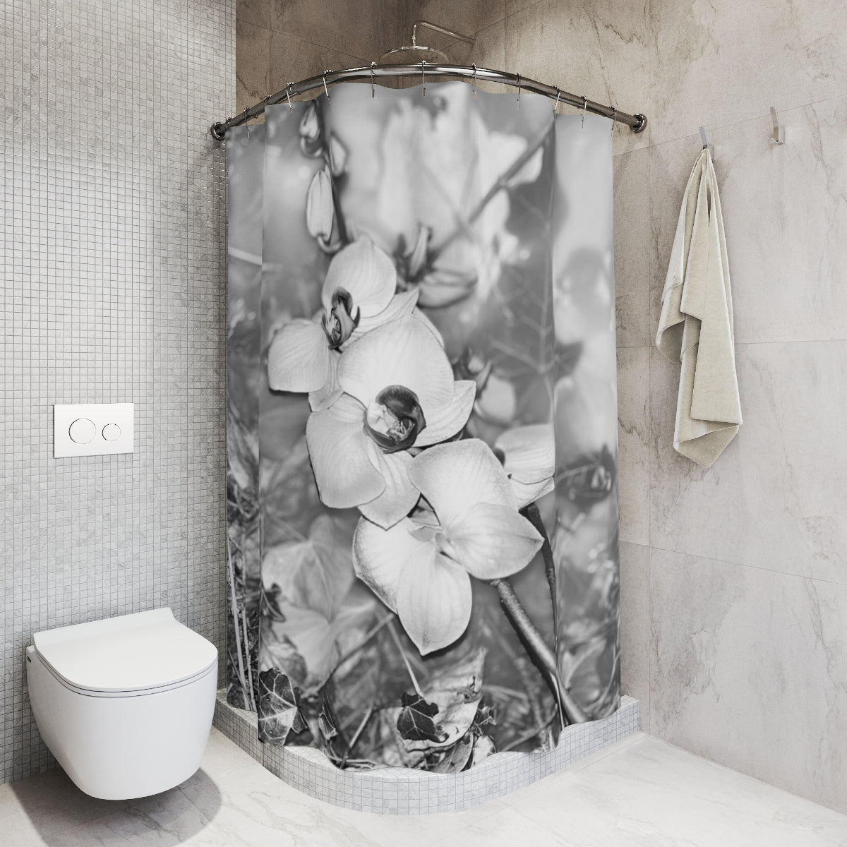 Stunning Designer Shower Curtain featuring Orchids in Black and White