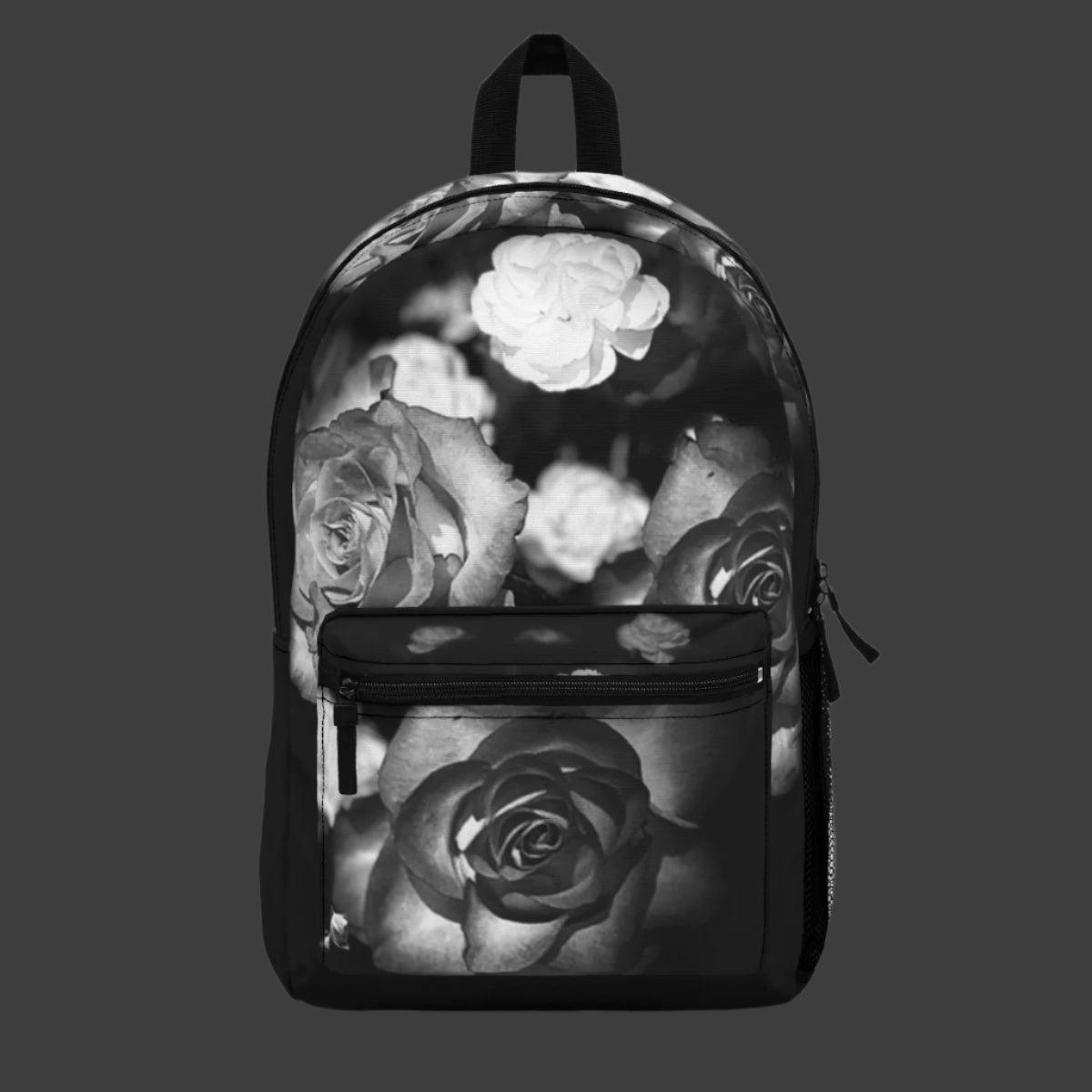 Floral Backpack featuring roses in black and white