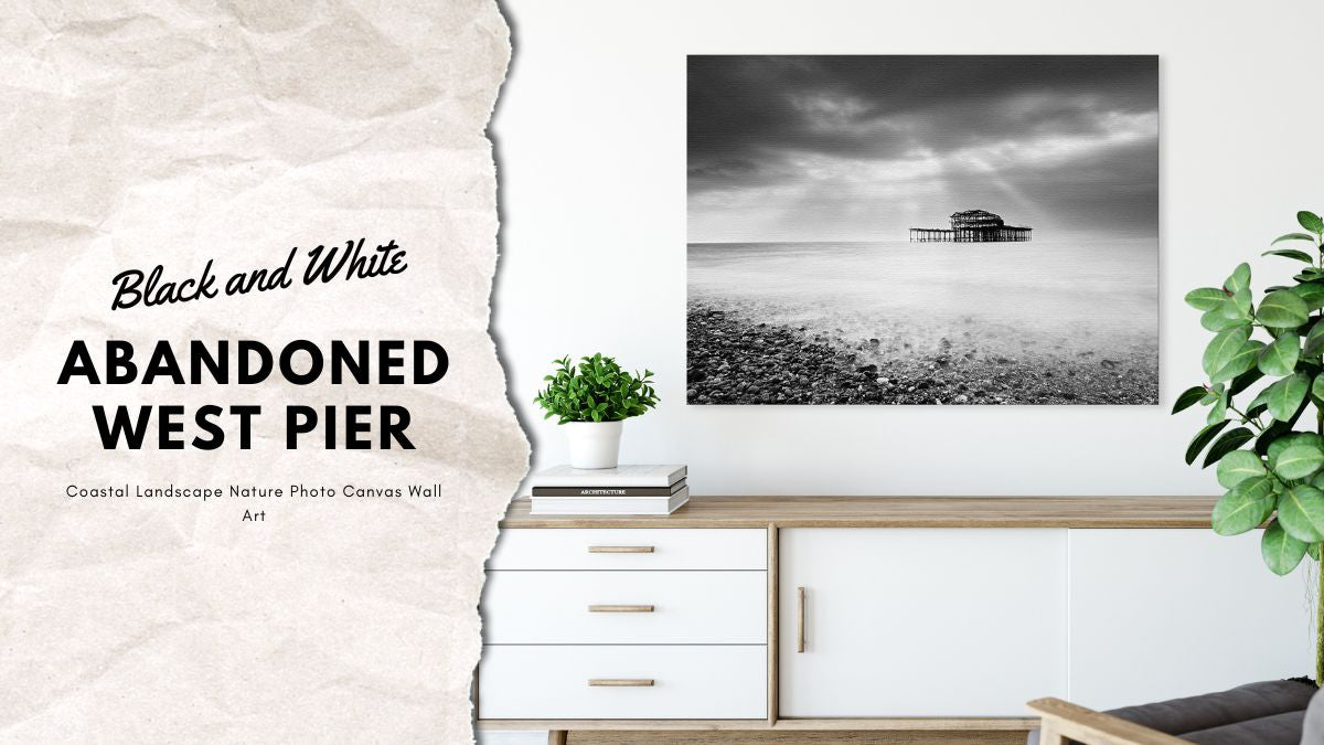 West Pier Coastal Black & White Landscape Photo Canvas Print